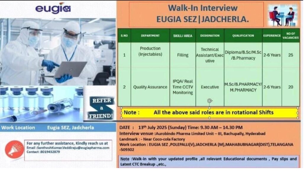 Eugia Pharma- Walk-In Interview