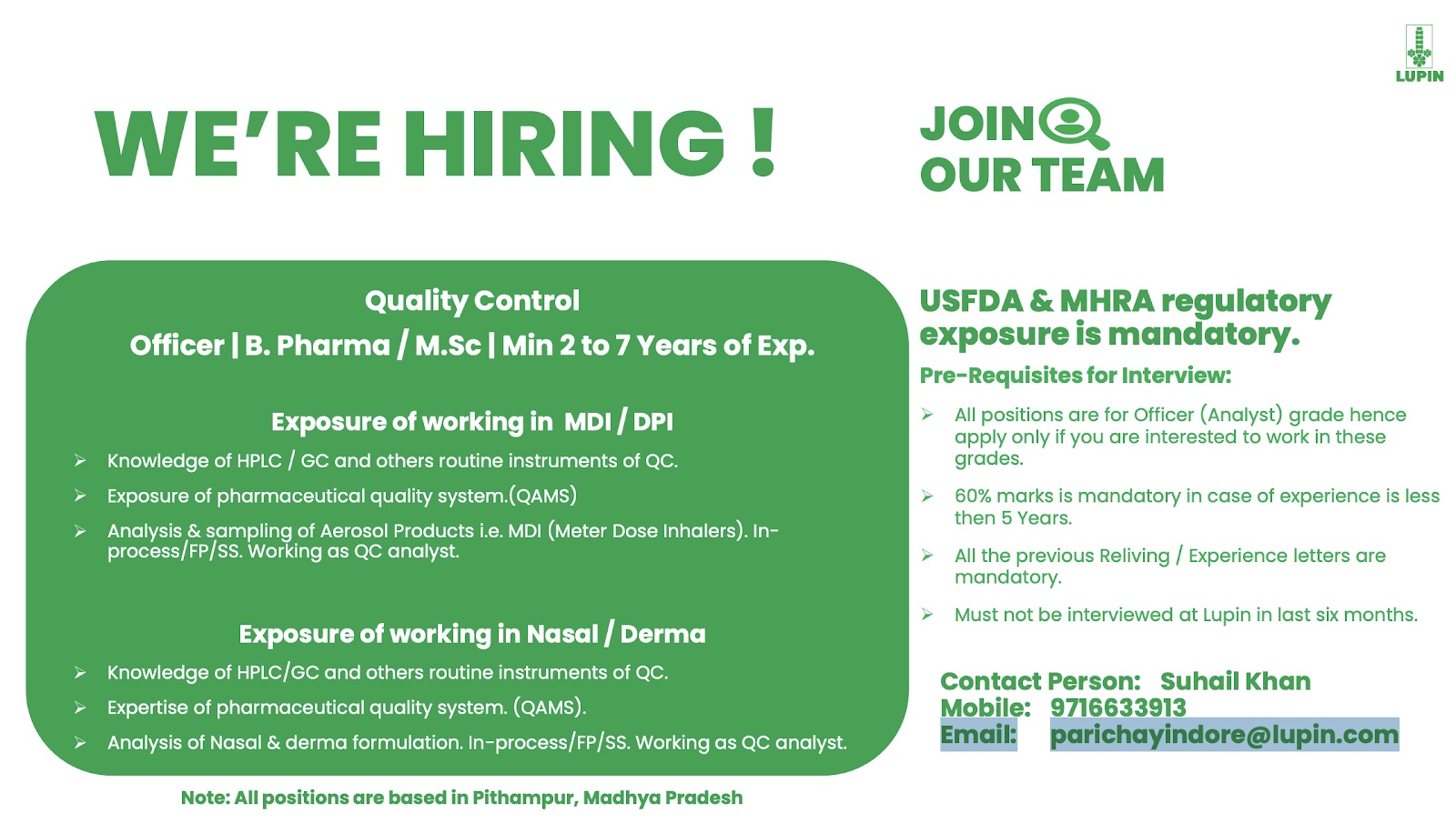 Lupin Pharma- Hiring