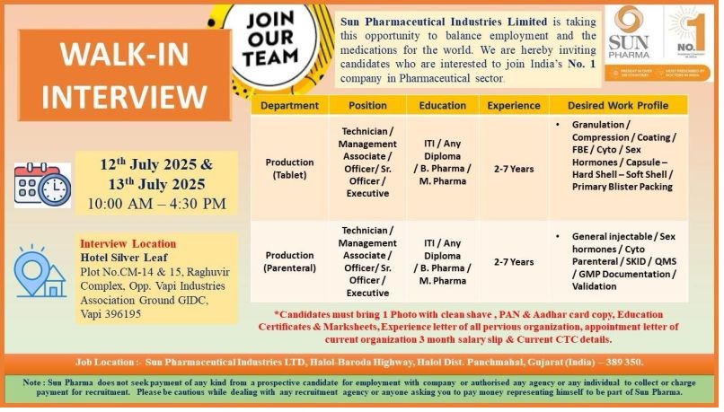 Sun Pharmaceutical-Walk-In Interview