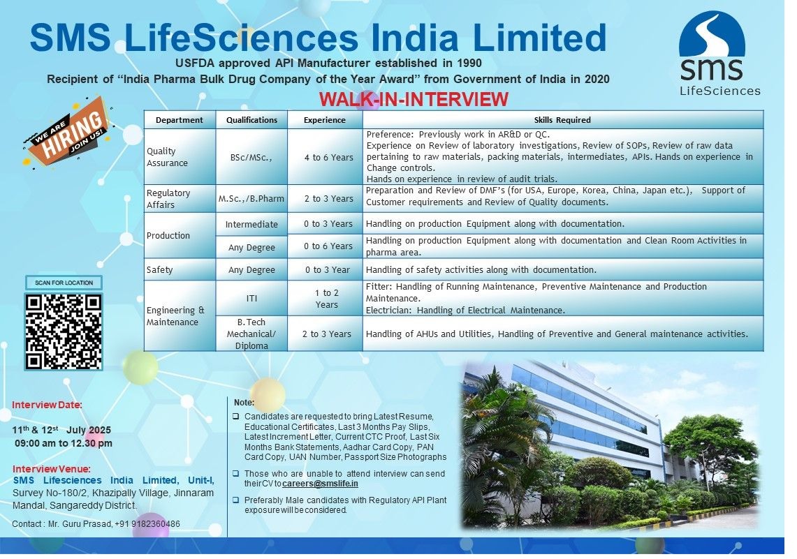 SMS Lifesciences India Ltd - Walk-Ins