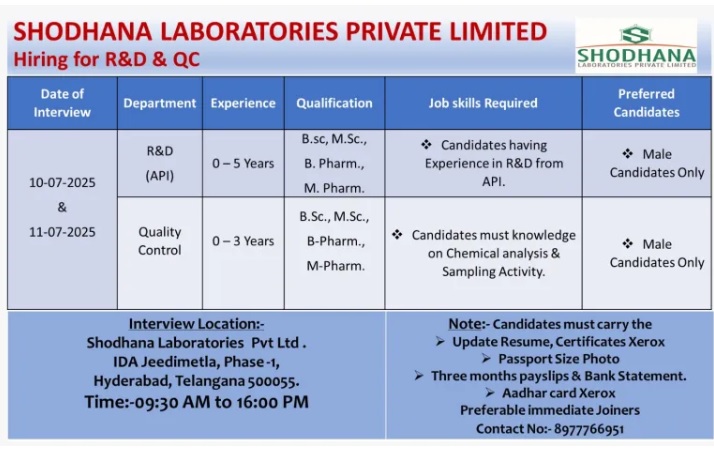 Shodhana Laboratories-Walk-In Interview