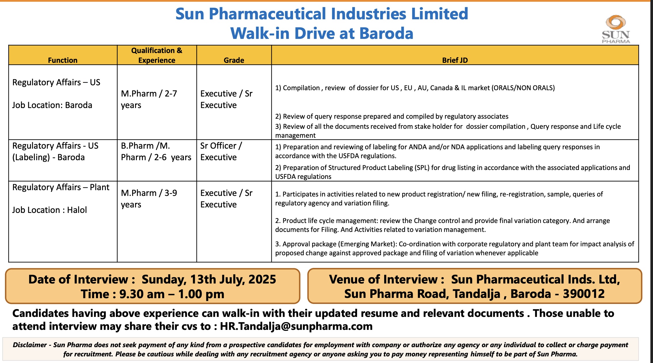 Sun Pharma -Walk-In Interview