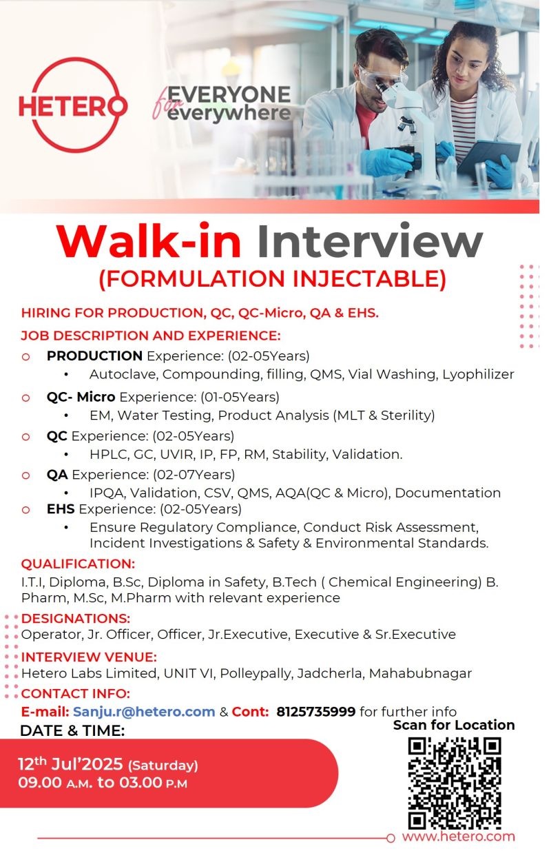 Hetero Labs Walk In Interview