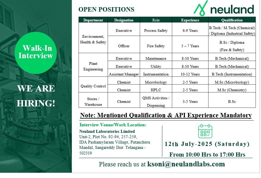 Neuland Laboratories- Walk In Interview