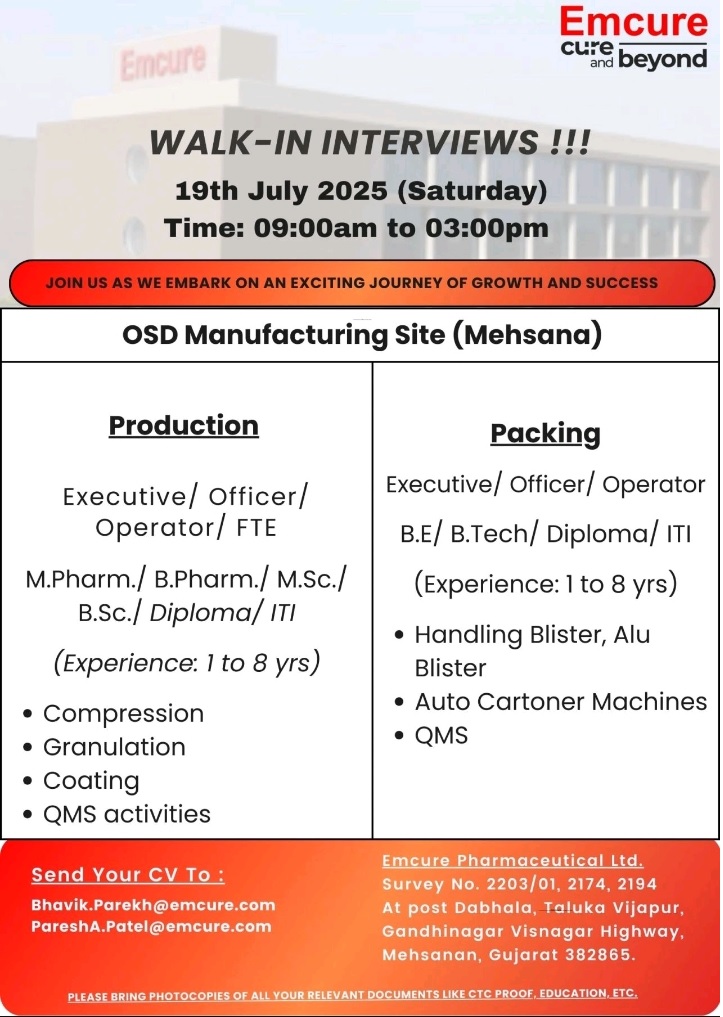 Emcure Pharma- Walk in Interview