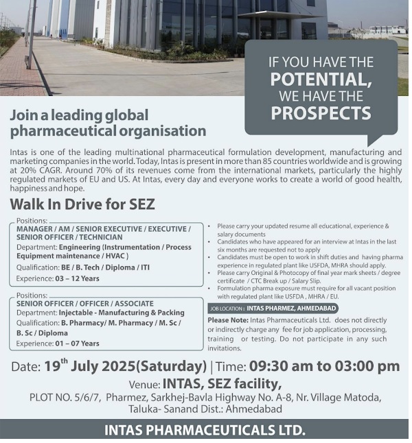 Intas Pharma- Walk In Interview