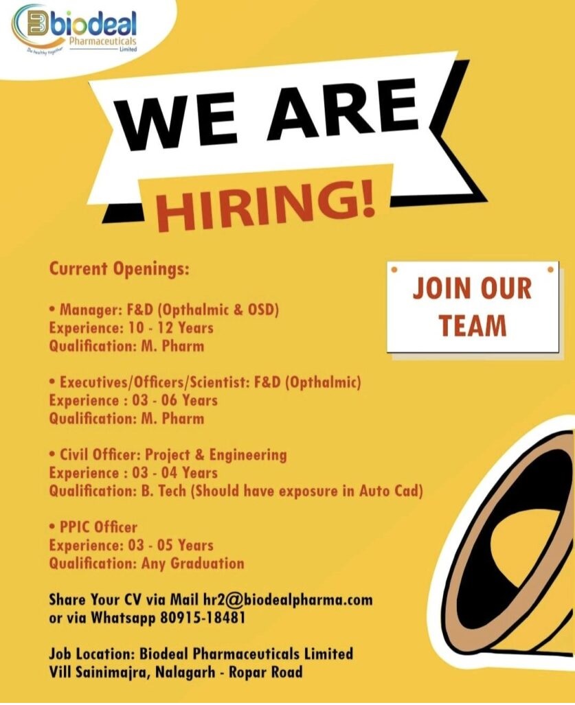 Biodeal Pharmaceuticals- Hiring 