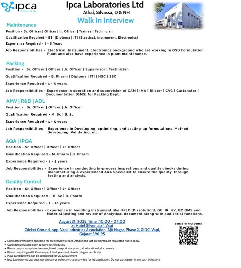 Ipca Laboratories- Walk In Interview