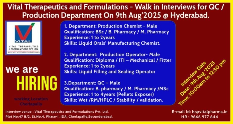 Vital Therapeutics and Formulations – Walk in Interviews