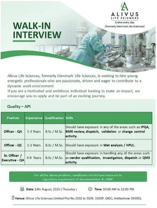 Alivus Life Sciences (Glenmark Life Sciences) - Walk- In Interviews
