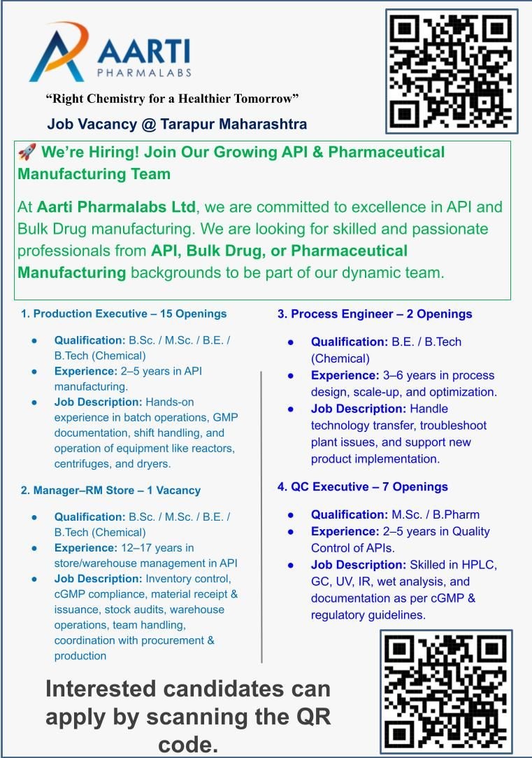 Aarti Pharmalabs -Hiring