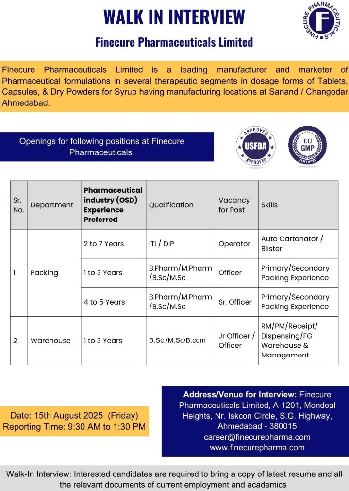 Finecure Pharma- Walk In Interview