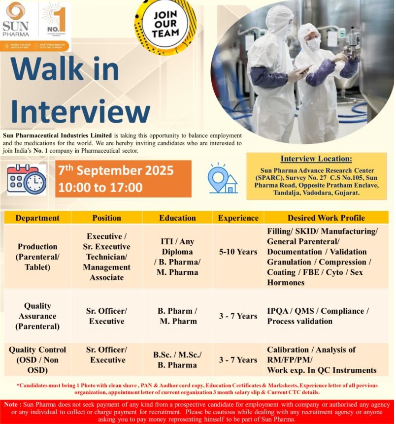Sun Pharma -Walk In Interview