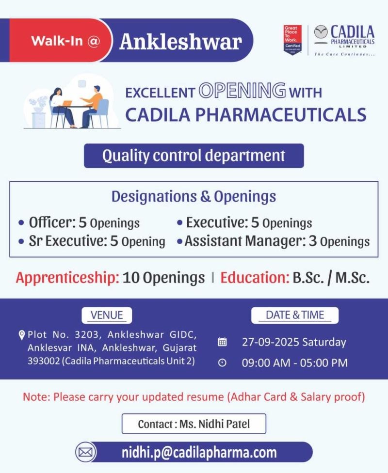 Cadila Pharma- Walk In Interview