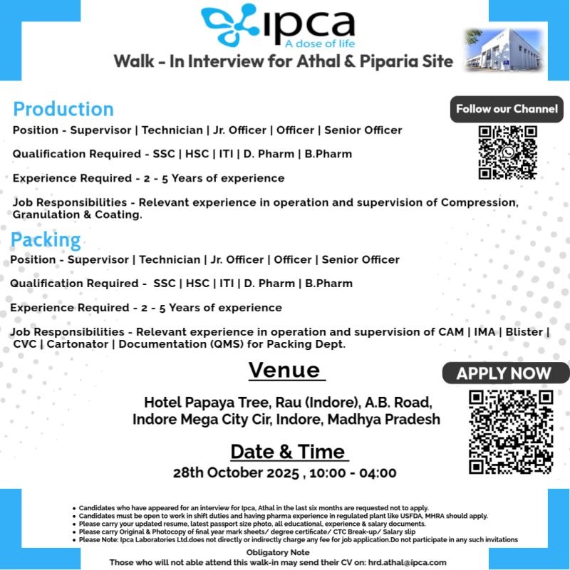 Ipca Laboratories- Walk In Interview
