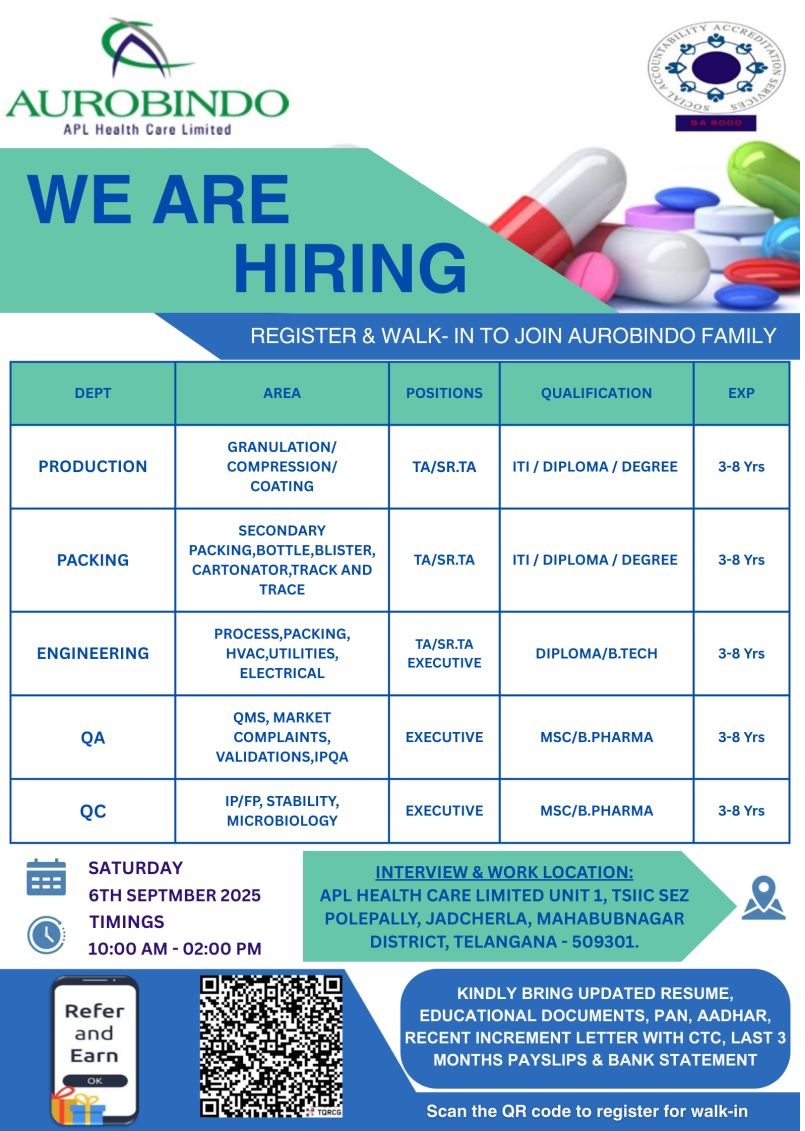 Aurobindo Pharma- Walk In Interview