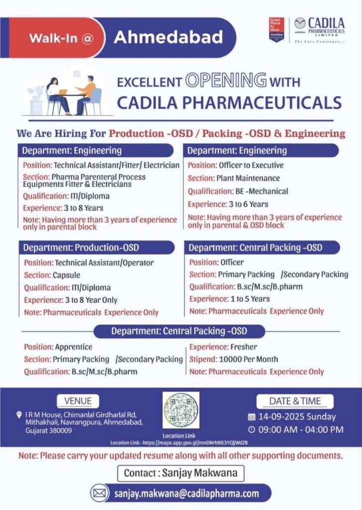 Cadila Pharmaceuticals-Walk-In Interview