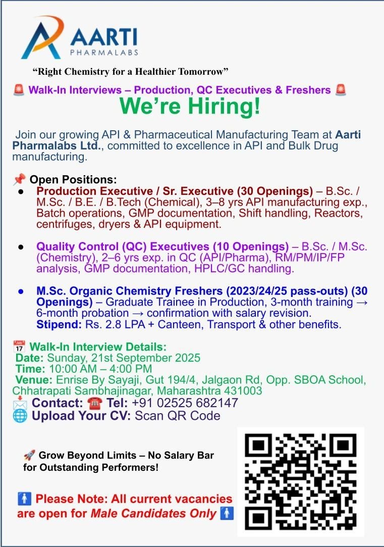 Aarti Pharmalabs- Walk In Interview