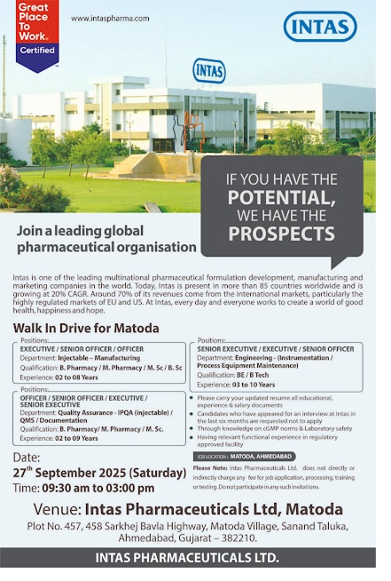 Intas Pharma- Walk-In Interview