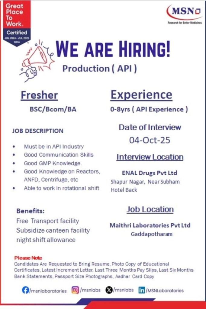 MSN Laboratories- Walk-in Interview