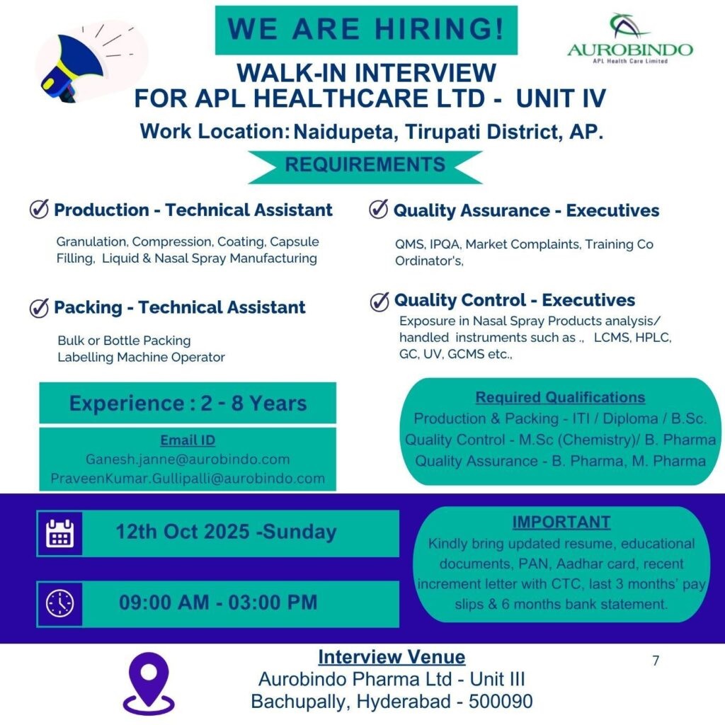 Aurobindo Pharma- Walk-in Interview