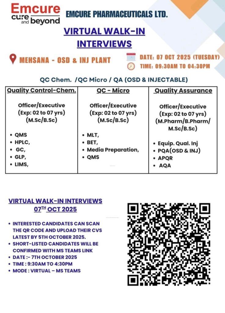 Emcure Pharmaceuticals Ltd.- Walk-In Interviews