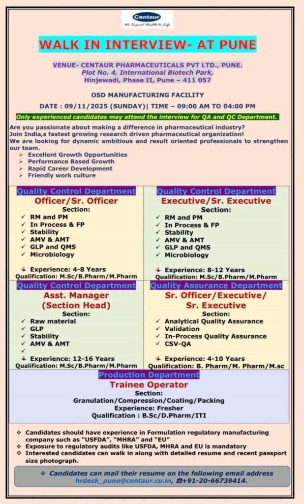 Centaur Pharmaceuticals- Walk-in Interview