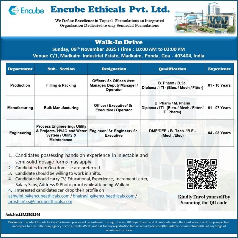 Encube Ethicals- Walk-In Interview
