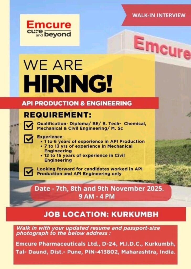 Emcure Pharmaceuticals- Walk-In Interview