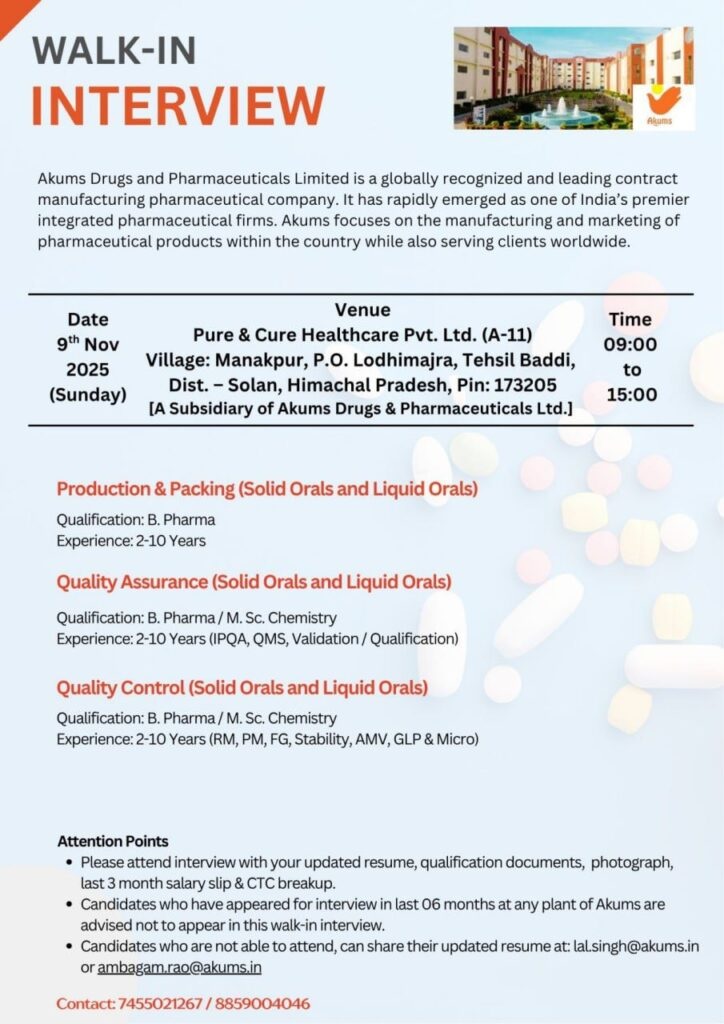 Akums Drugs & Pharmaceuticals Ltd- Walk-In Interview
