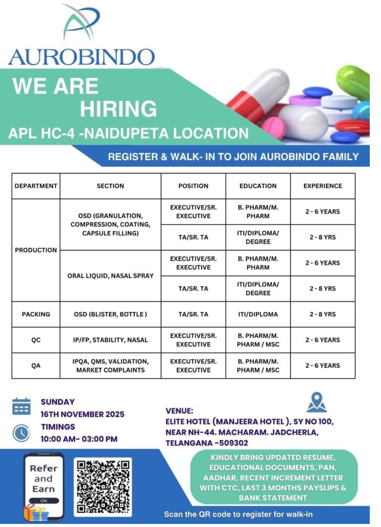 Aurobindo Pharma -Walk-In Interview