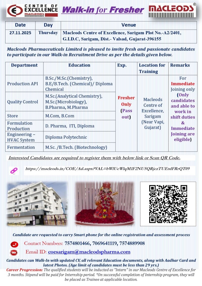 Macleods Pharma- Walk‑In Interview