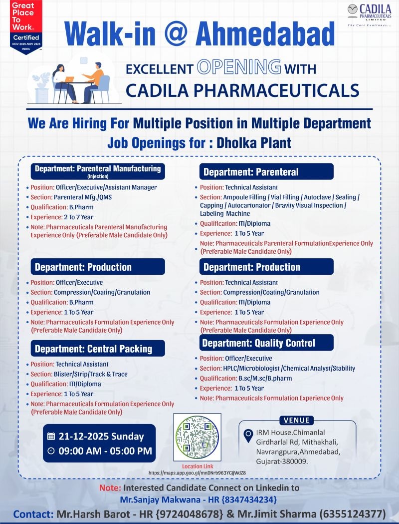 Cadila Pharmaceuticals- Walk-In Interview