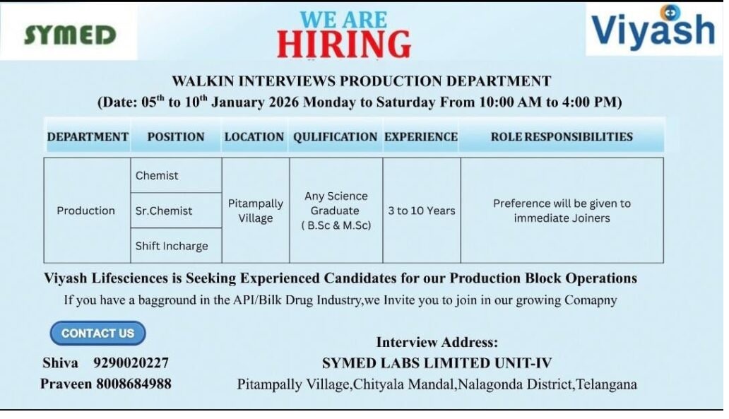 Viyash Lifesciences- Walk-In Interviews 