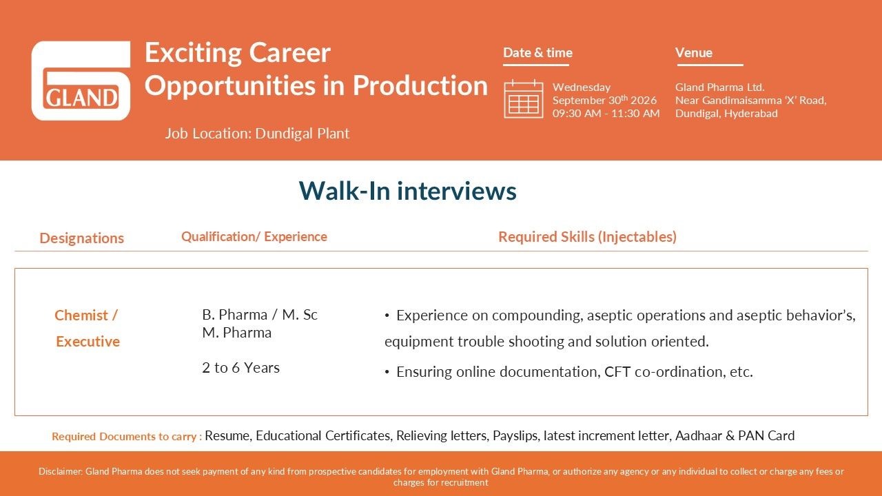 Gland Pharma -Walk In Interview