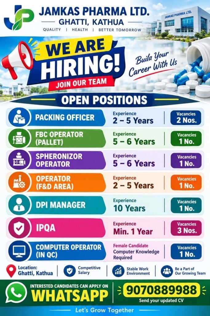 Jamkas Pharma Ltd. Recruitment