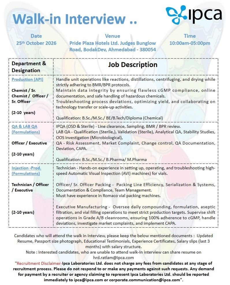 Ipca Laboratories- Walk-in Interview