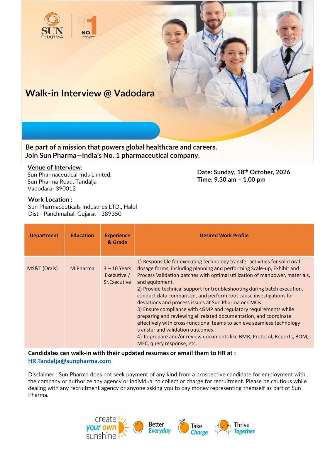Sun Pharma -Walk-In