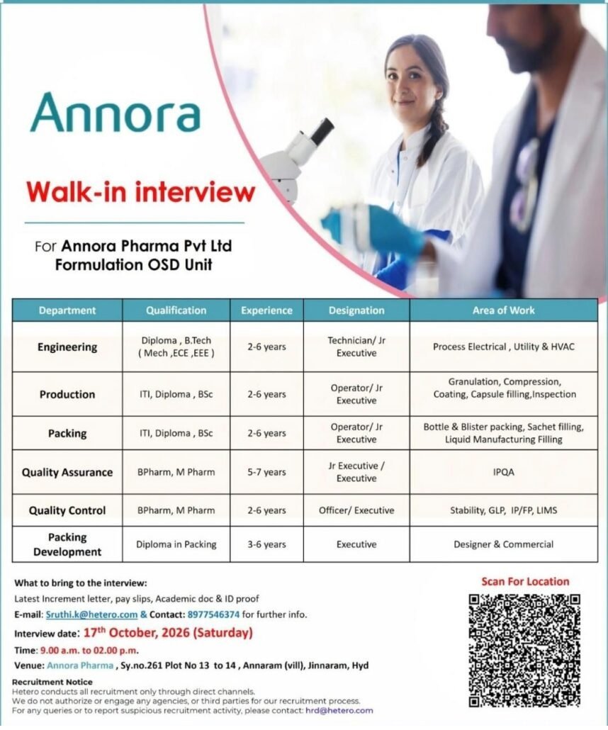 Annora Pharma- Walk-In Interview
