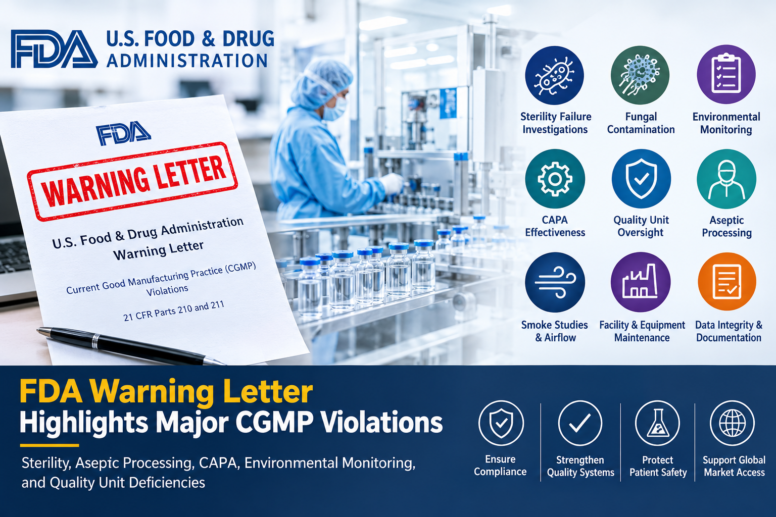 FDA Warning Letter highlighting sterility failure, aseptic processing and CAPA deficiencies