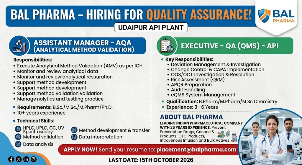Bal Pharma-Hiring for Quality Assurance Apply