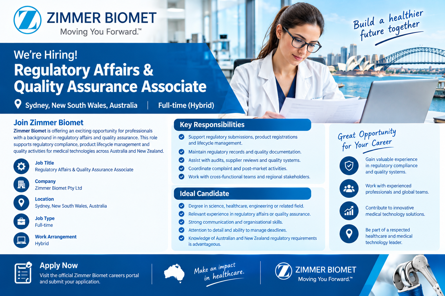 Regulatory Affairs & Quality Assurance Associate at Zimmer Biomet, Sydney, Australia