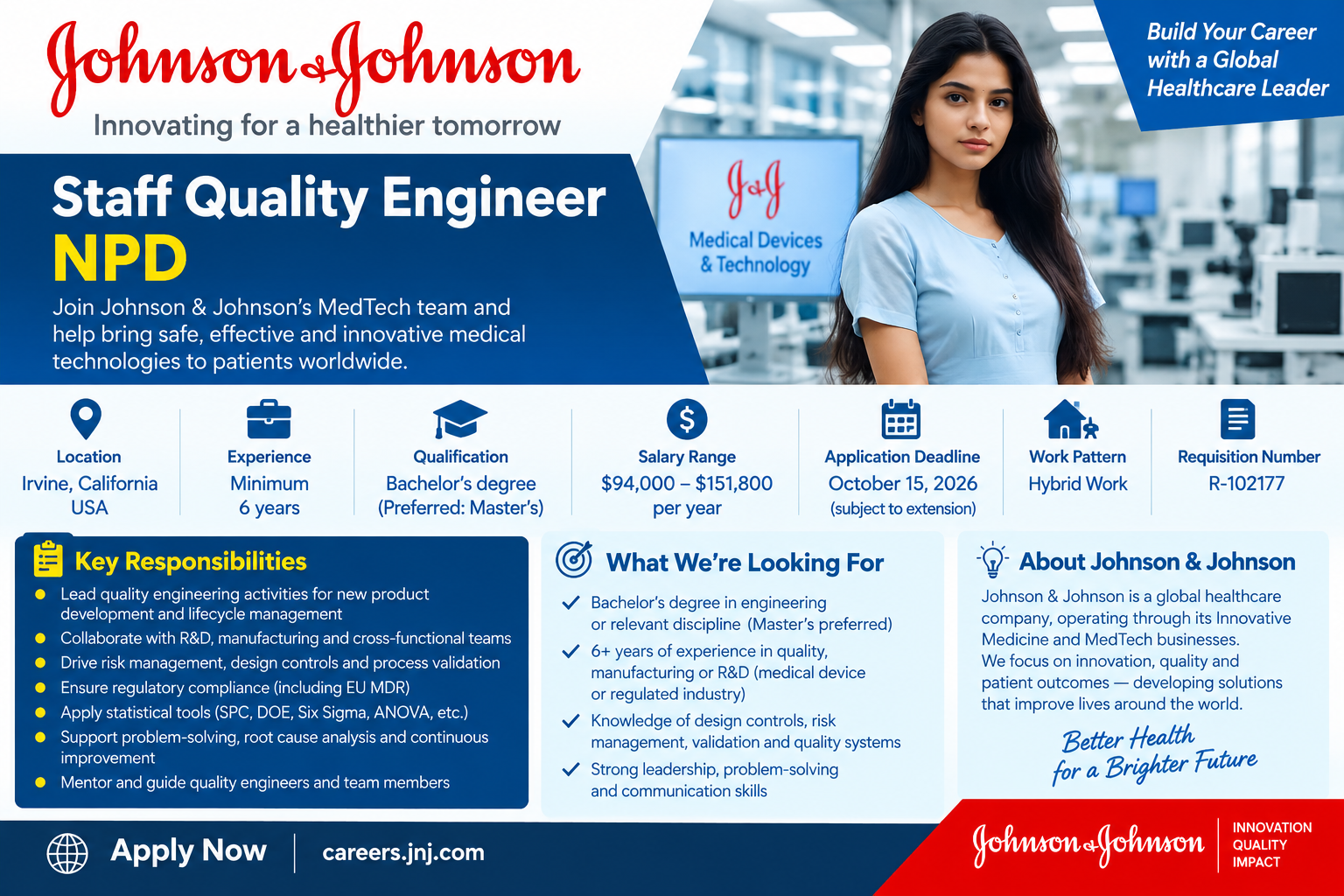 Staff Quality Engineer NPD – Johnson & Johnson, Irvine, California, USA