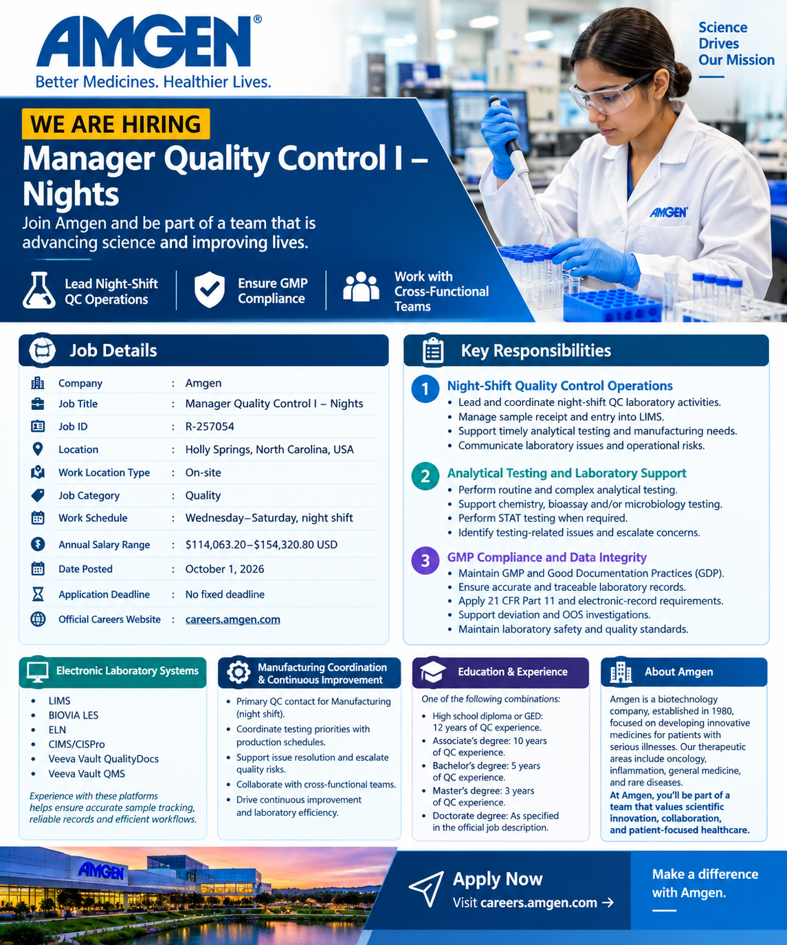 Amgen Manager QC – North Carolina: Quality Control Job Opening in Holly Springs