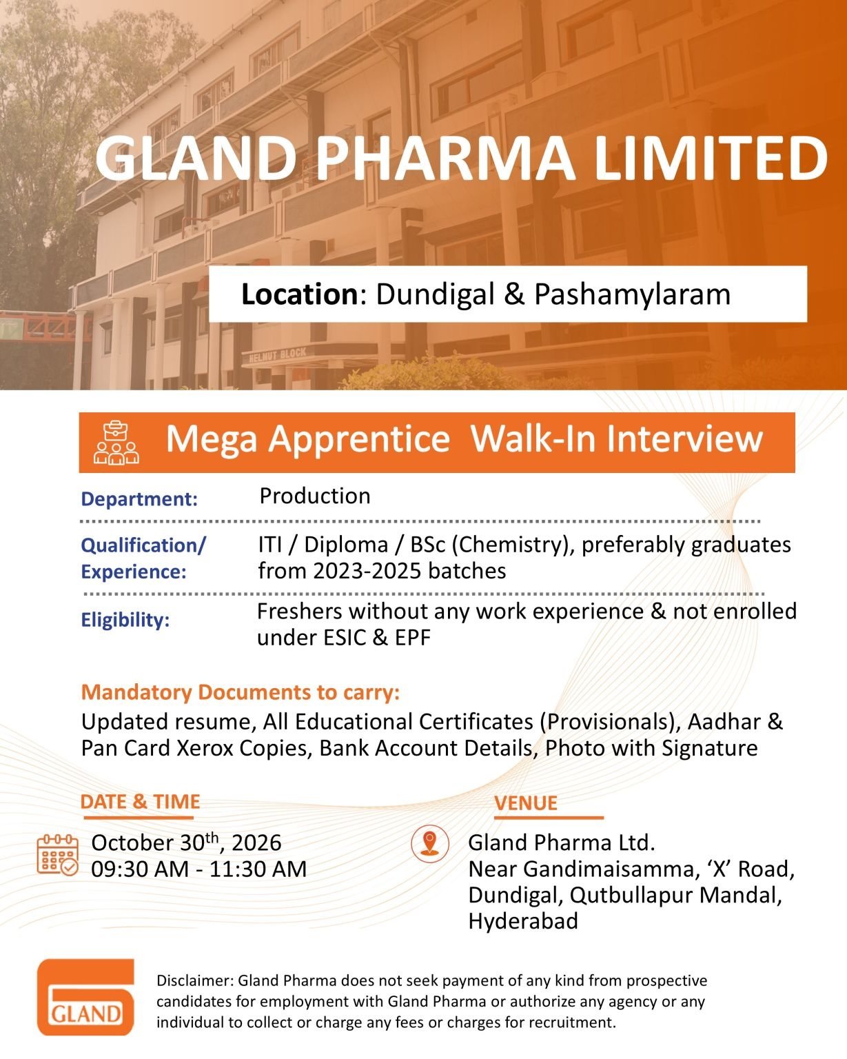 Gland Pharma Mega Apprentice Walk-In