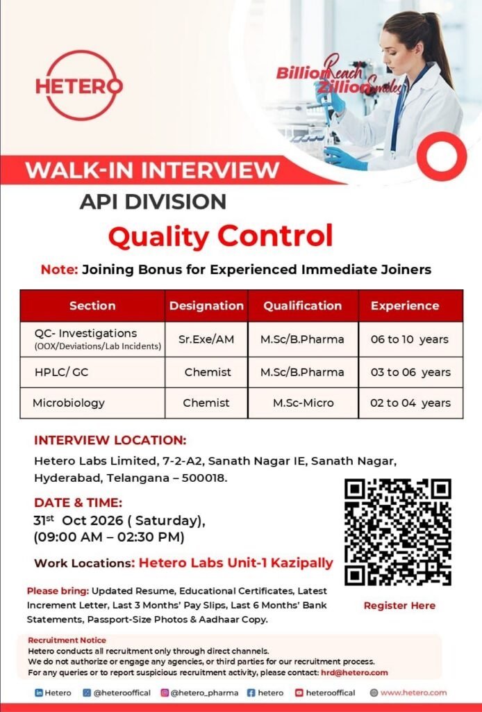 Hetero Labs- Walk-In Interview