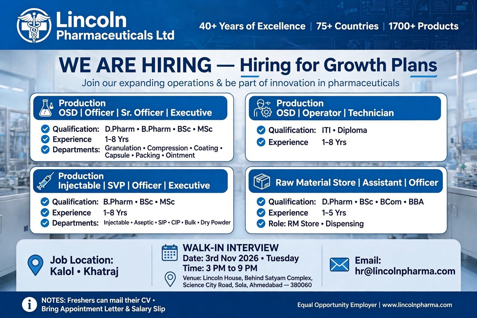 Lincoln Pharmaceuticals- Walk-in